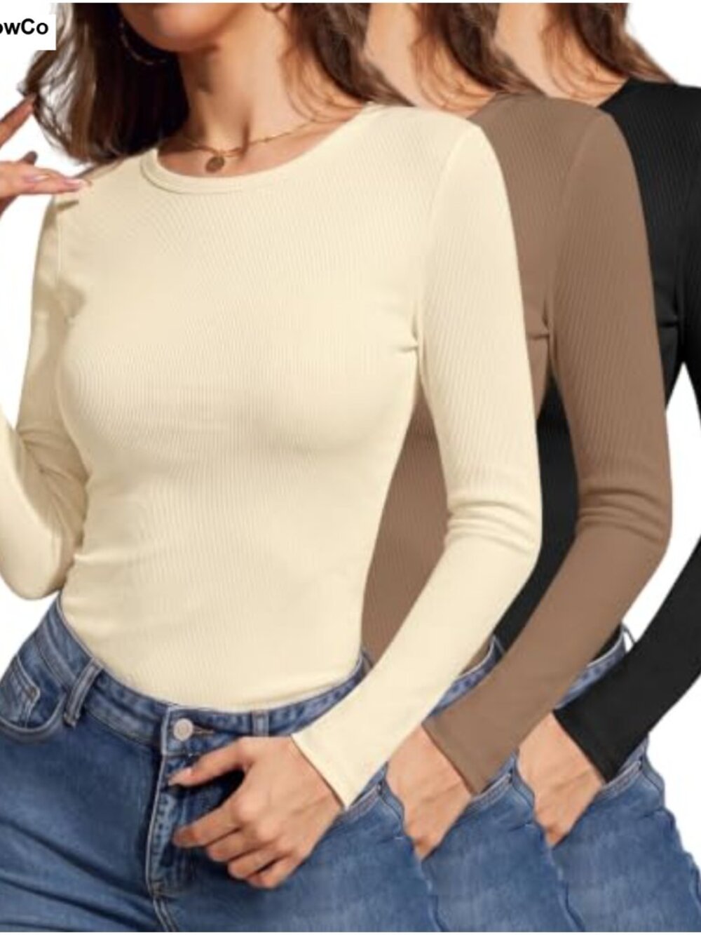 Women's 3 Pack Long Sleeve Crew Neck Slim Fit Ribbed Knit T-Shirts